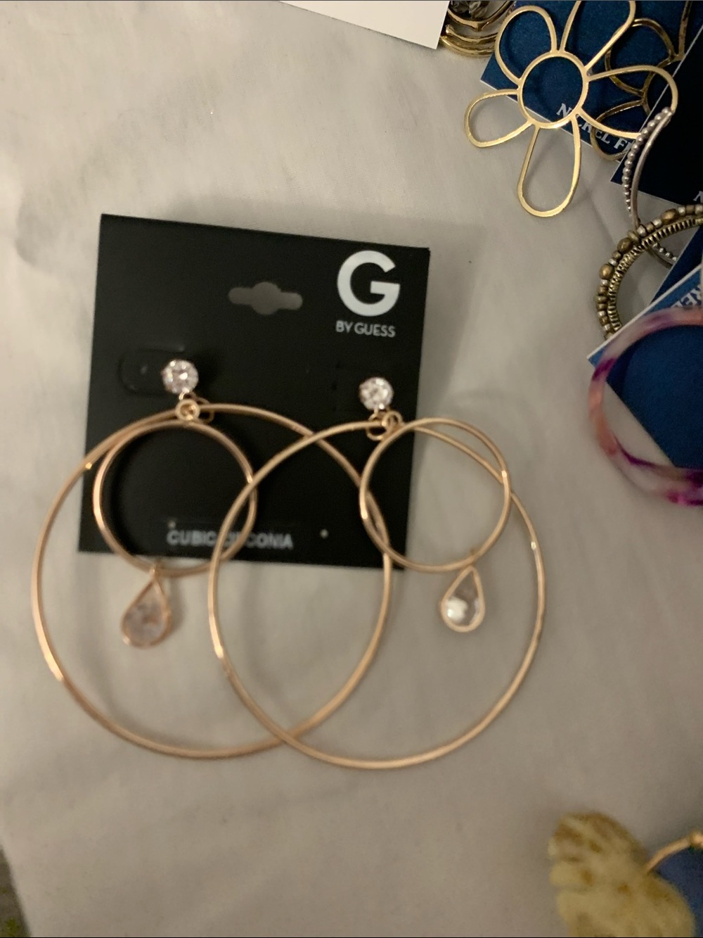 G by Guess Rose Gold Double Hoop Earrings with Teardrop Crystal
